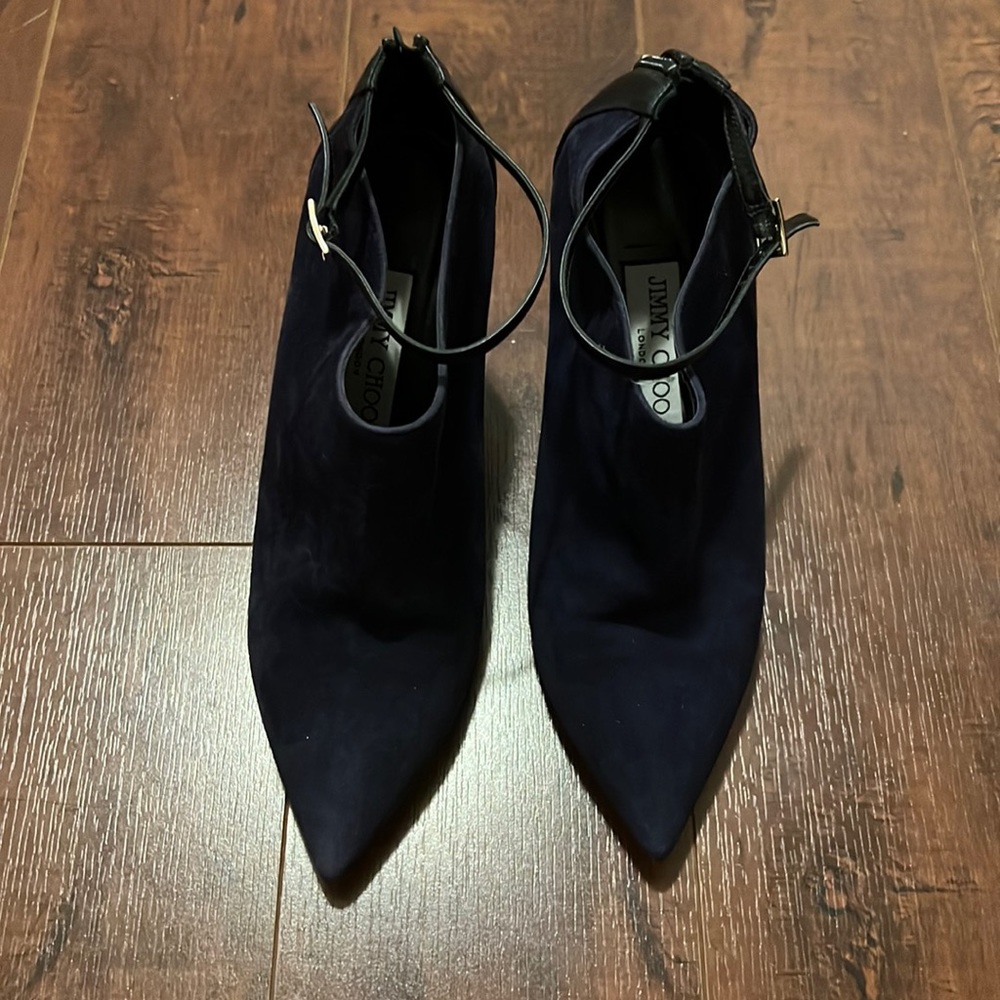 Authentic gently worn Jimmy Choo navy and black suede bootie size 37